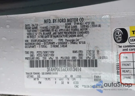 2012 Ford Fusion Sel from USA, damaged, VIN 3FAHP0CG6CR413414